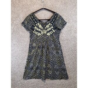Angle‎ Mini Dress Women's Medium Black Printed Lace Trim Short Sleeve V Neck
